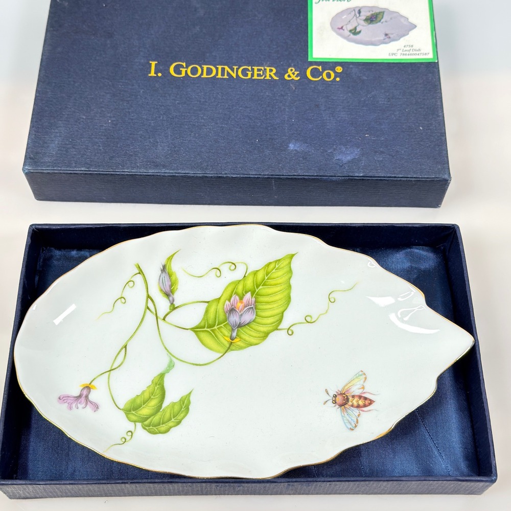 I Godinger & Co 7.75 Inch Leaf Dish Porcelain Bee Botanical Gold Trim 4758 Box